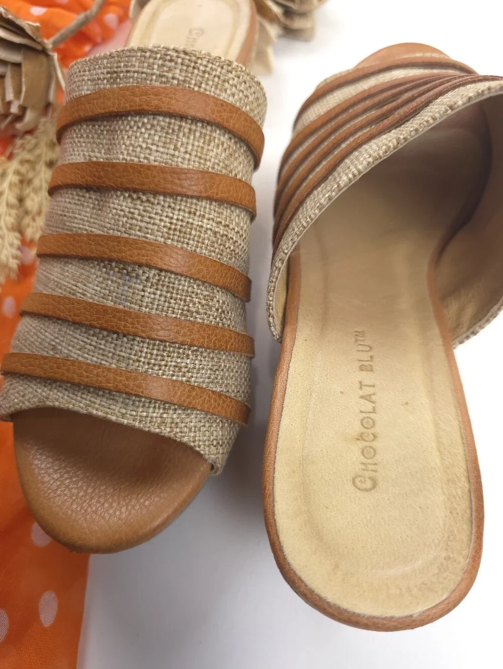 Chocolat Blu Woven Tan Cork Wedge Slide Sandals - Sz 8